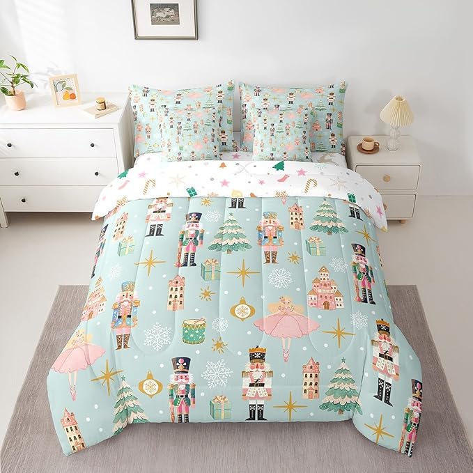 Erosebridal 7Pcs Green Christmas Comforter Set King,Xmas Tree Nutcracker Bedding Set,Pink Princess Bed in A Bag for Girls Women,Winter Xmas Holiday Christmas Ornaments Quilt with Flat Fitted Sheet