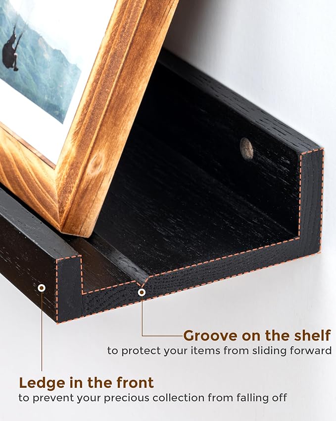 Axeman Oak Picture Ledge Shelf, 48 Inch Floating Shelves Set of 2, Solid Oak Wood Wall Shelves with Lip, Wall Decor Storage for Bedroom Living Room Bathroom Kitchen Nursery Photo Picture, Black