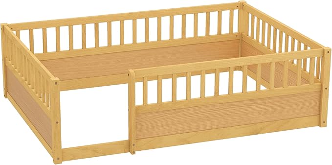 Bellemave Full Floor Bed with high Rails for Kids, Girls, Boys, Wood Montessori Floor Bed Without Door, Natural
