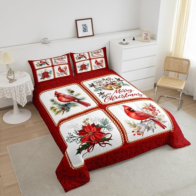 Castle Fairy Christmas Comforter Set King Size,Xmas Cardinals Floral Bells Checkered Bedding Set All Season Quilt Set,Cute Bird Watercolor Red Geometric Microfiber Polyester Down Comforter