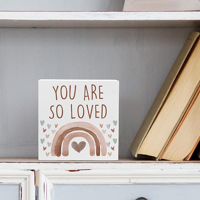 You Are So Loved Boho Rainbow Wooden Box Sign, Little Reminders Desk Sign, Inspirational Quotes Sign Decoration for Kids Room Office Nursery Playroom Girls Room Dorm -A26