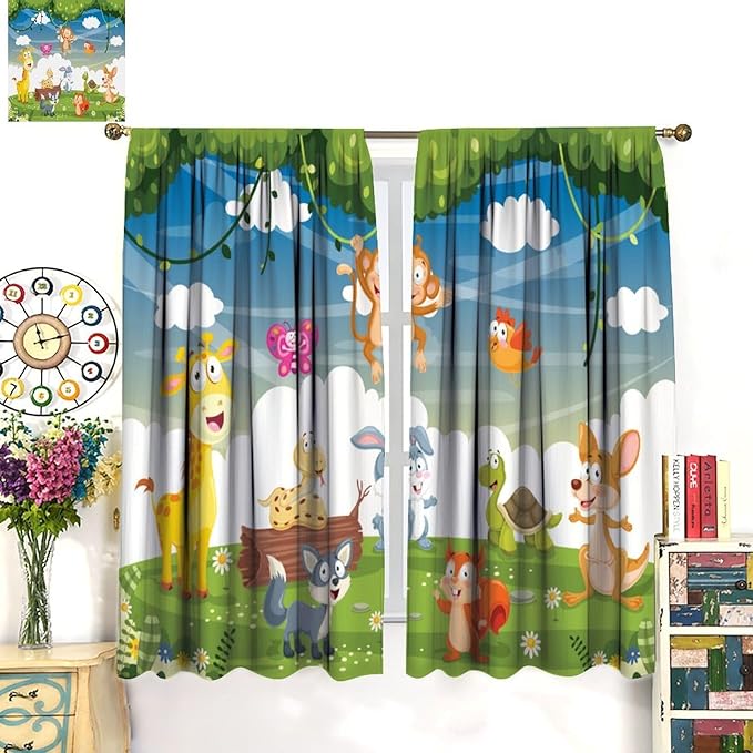 Animal Curtains, Cartoon Cute Woodland Jungle Forest Animals Pattern Blackout Window Treatments, Rod Pocket Thermal Insulated Drapes 2 Panel Sets for Kids Nursery Bedroom Classroom, 42" W X 54" L