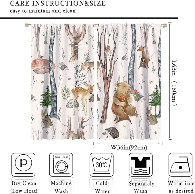 Rustic Forest Window Curtains Curtains, Woodland Animal Bear Deer Hedgehog Fox Forest Squirrel Watercolor Blackout Rod Pocket Window Treatments Drapes for Boys Girls Bedroom 72x63in