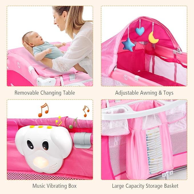 Costzon 4 in 1 Pink Pack and Play with Bassinet, Portable Baby Playard with Adjustable Canopy, Side Zipper Entrance, Music Box, Wheels/Brake, Foldable Infant Pink Bassinet for Baby Girl Toddlers