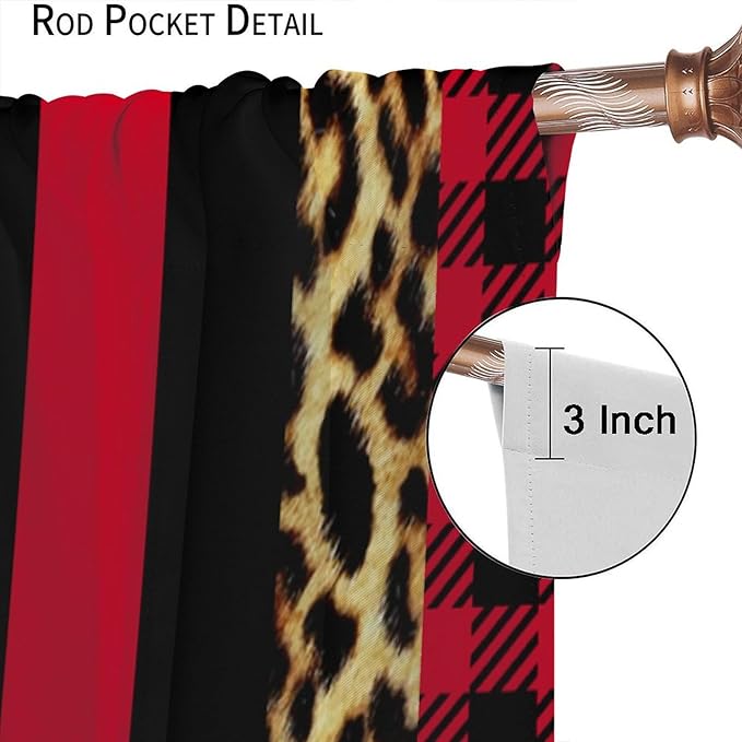 Leopard Skin Blackout Window Curtains, Brown Cheetah Red Black Plaid Stripe Print Window Drapes for Kids Boy Girls Bedroom Living Room 55" W X 63" L