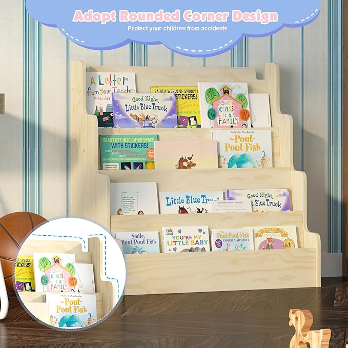 4 Tier Scalloped Kids Bookshelf Natural Wood Toddler Book Rack Nursery Bookcase Playroom Coloring Book Magazine Display Storage Shelf Organizer Classroom Library Homeschooling (Normal)