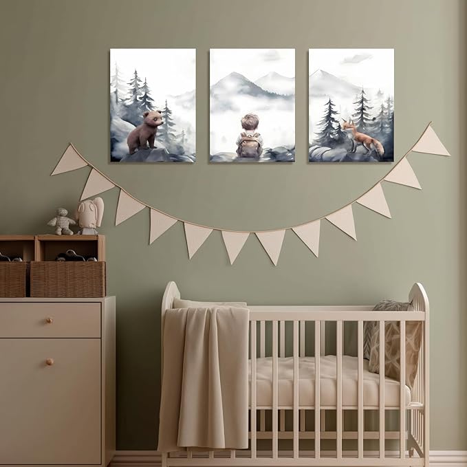 kilamino Neutral Woodland Wild Animal Wall Art, Cute Bear Fox Nursery Wall Decor, Adventure Boy Poster Prints, Vintage Forest Animal Canvas Paintings for Baby Room Classroom Playroom Framed 16"x24"x3