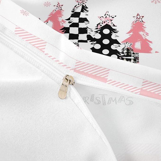 Merry Christmas Duvet Cover Set Twin Size, Pink Plaid Xmas Trees Bedding Set 2pcs, New Year Holiday Quilt Cover with Zipper Closures, Kids Girls Santa Claus Room Decor, 1 Pillowcase, No Comforter