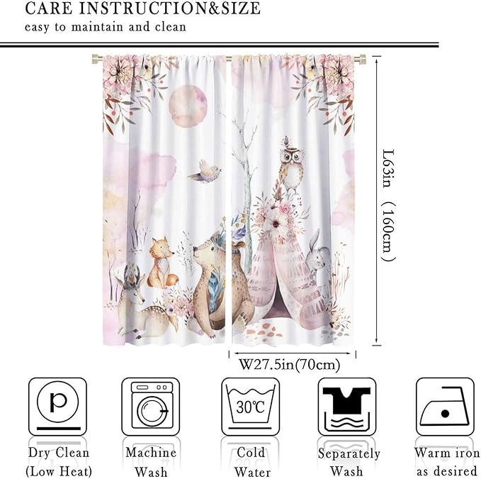 Forest Animal Curtains for Kids, Pink Watercolor Woodland Animal Window Treatments Fox Deer Owl Wildlife Safari Jungle Bear Window Drapes for Girls Nursery Toddler Bedroom 55x63in
