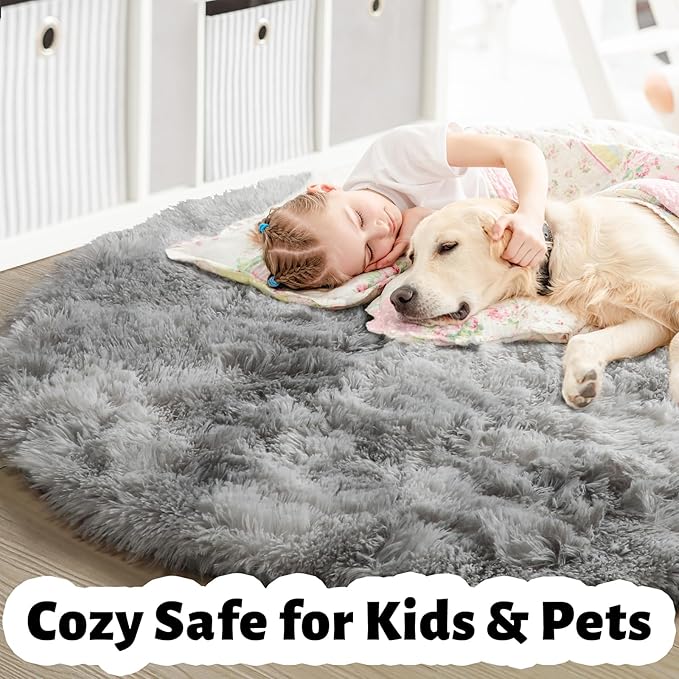Amdrebio Tie-Dyed Light Grey Round Rugs for Living Room, 8x8 Rug, Extra Large Circle Area Rug for Bedroom, Soft Fluffy Carpet, Modern Floor Circular Rug, Big Shaggy Farmhouse Rug for Apartment