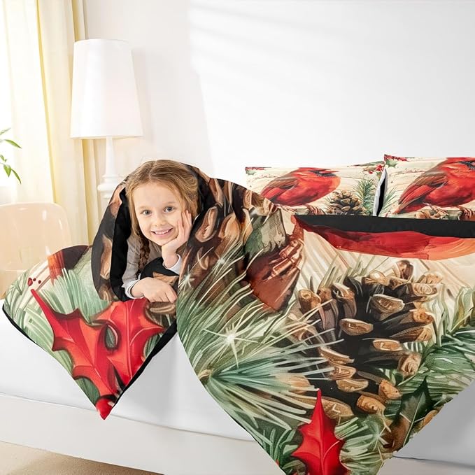 jejeloiu Kids Red Cardinal Comforter Set Twin Size Christmas Theme Bedding Set for Boys Girls Teens Xmas Birds Winter Rustic Wood Plank Animal Duvet Quilt Room Decor