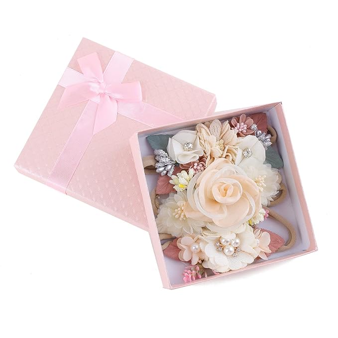 Baby Girl Floral Headbands- 3pcs Nylon Headband Handmade Flower Crown Elastic Hairband Newborn Toddler Hair Accessories Gifts for Girls （1-6 years old）