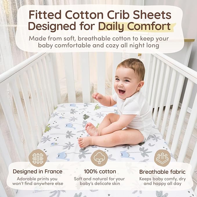 Baby Dinosaur Crib Sheets for Boys & Girls Toddler Bed Sheets Cotton Fitted Crib Sheet Neutral Sets 28"x52", 8" Deep Pocket, Baby Mattress Sheet 2Pack 100% Cotton, Designed in France, Grey-White