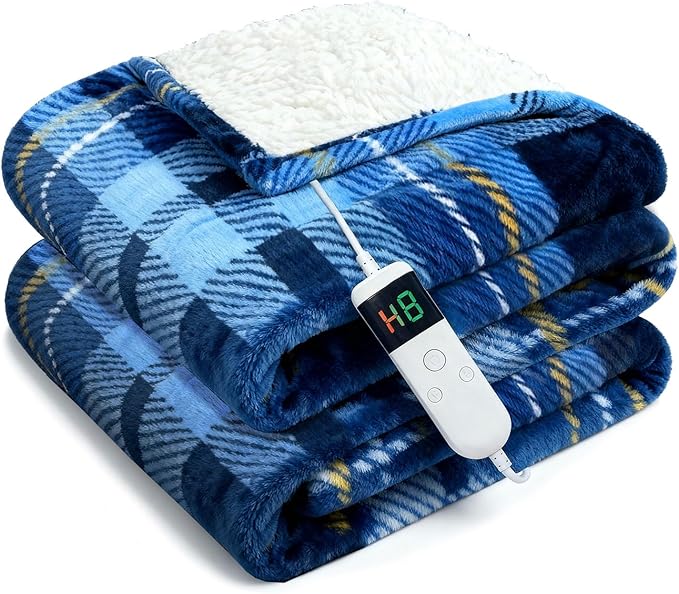 Electric Blanket Heated Full, Soft Flannel 72"x84" Plaid Heating Blanket with 8 Hours Auto Off 10 Fast Heating Levels Machine Washable Sherpa Heated Blanket with Overheating Protection