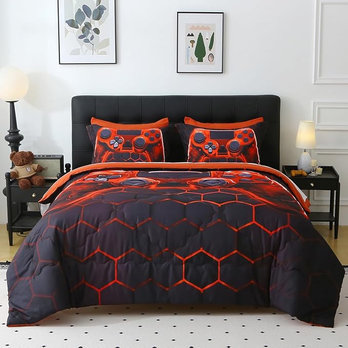 Wajade Game Console Comforter Set for Boys 7 Piece Orange 3D Gaming Geometric Bedding Sets for Kids Twin Size as Birthday with Comforter, Sheet Set, Pillowcase and Sham