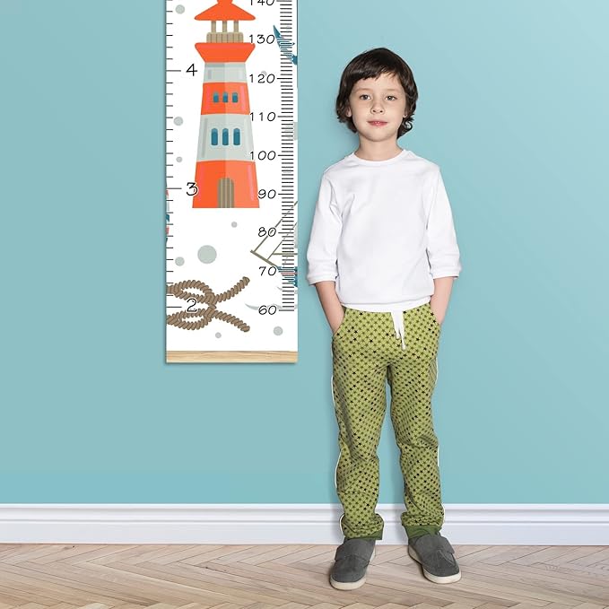 Personalized Kids Name Growth Chart Ruler for Wall Wood Frame Height Measure Chart 13.4x56 in Linen Hanging Height Growth Chart Nautical Tools Kids Room Decor