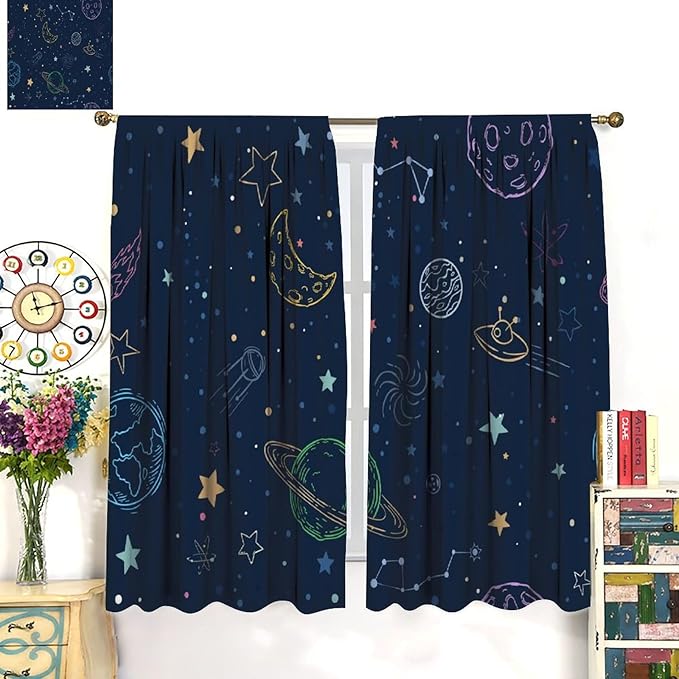 Navy Blue Space Curtains, Cartoon Outer Space Stars Planets Theme Galaxy Curtains for Kids Teens Bedroom Nursery Toddlers Room Decor 42" W X 45" L