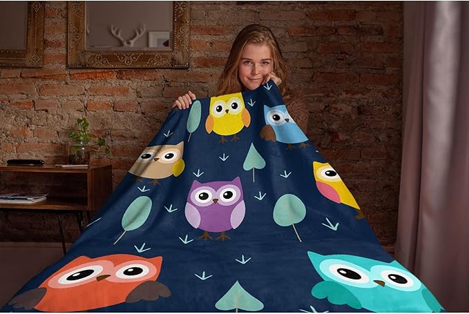 Thuswarm Cute Colorful Owl Flannel Blanket for Autumn Winter Gifts Warm Cozy Soft Funny Print Throw for Bed Couch Sofa 120”×90” Extra Large for Family