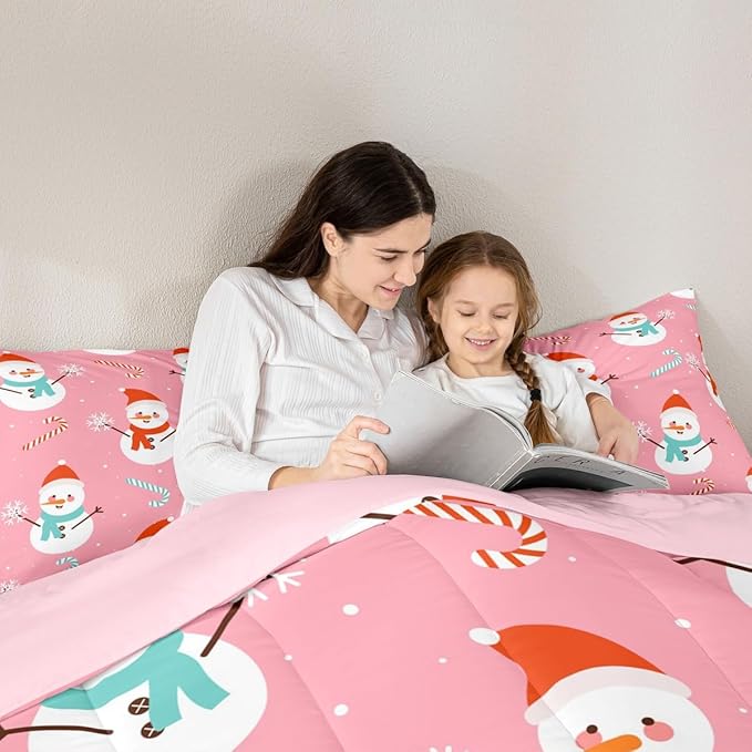 Feelyou Pink Christmas Bedding Set Soft for Boys Girls, Snowman Comforter Set Toddler Size Snowflake Duvet Quilt Microfiber Candy Cane Bedroom Decor 2 Pcs with 1 Pillow Cases