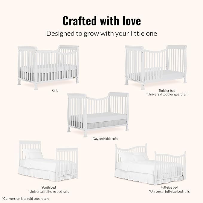 Dream On Me Violet 7-in-1 Convertible Full-Size Baby Crib with Toddler, Day & Full Bed Conversion in White, GreenGuard Gold & JPMA, 3 Mattress Heights, Sustainable Pinewoo