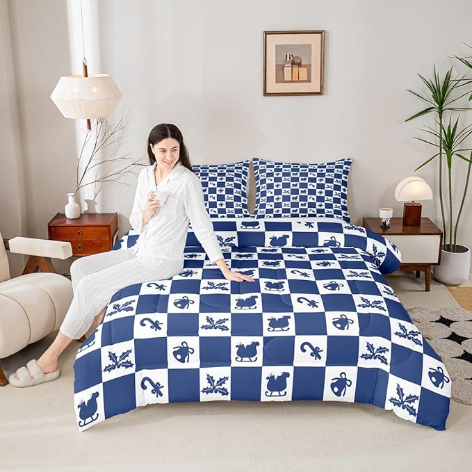 Feelyou Christmas Comforter Set All Season Checkered Pattern Bedding Set with 1 Pillow Cases Holiday Theme Kids Toddler Bedclothes Xmas Decor Room Decor Blue Duvet Quilt Breathable Soft Lightweight