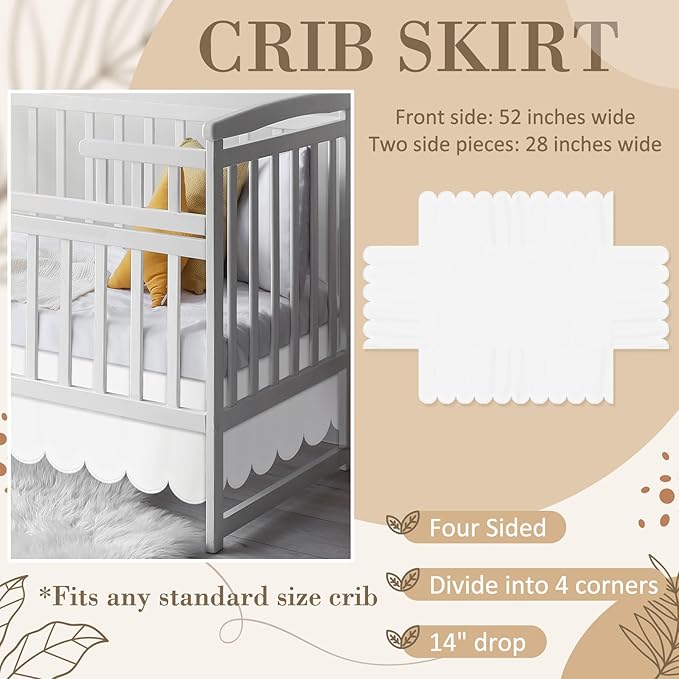 White Scalloped Crib Skirt 28"x 52" with 14" Drop Pleated Dust Ruffle with Split Corners for Baby Boys Girls Soft 4-Sided Crib Bed Skirt Nursery Standard Toddler Bedding