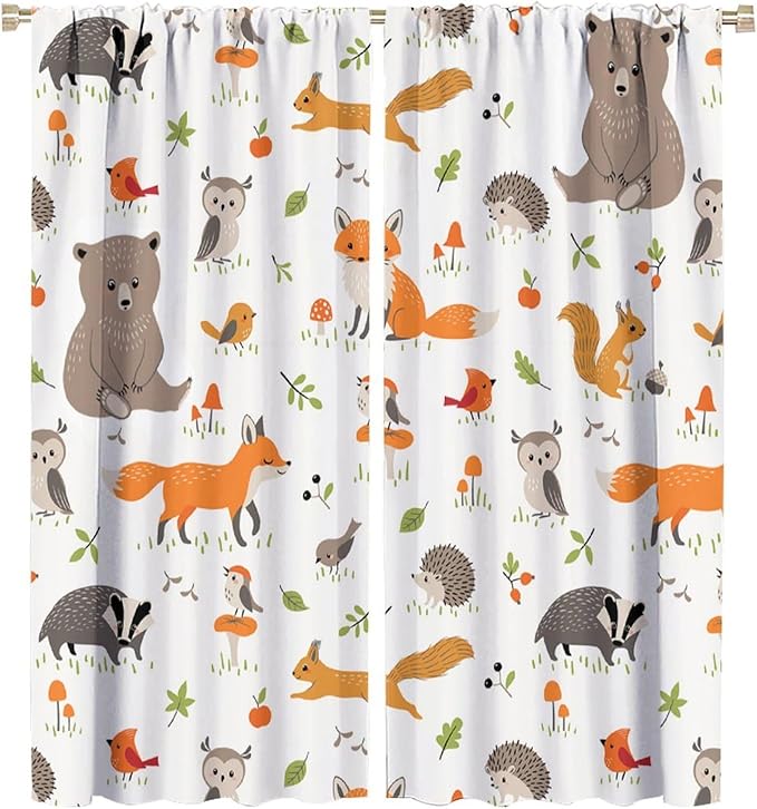 Forest Animal Curtains for Kids, Cartoon Safari Woodland Animals Window Treatments Cute Wild Jungle Bear Fox Deer Bear Window Drapes for Girls Boys Nursery Toddler Bedroom 42x45in
