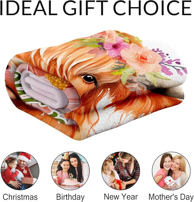 Personalized Highland Cow Gifts for Kids - 30" x 40" Inches Cute Highland Cow Throw Blanket for Girls Boys - Pink Warm Cozy Blankets for Sofa, Lap & Office