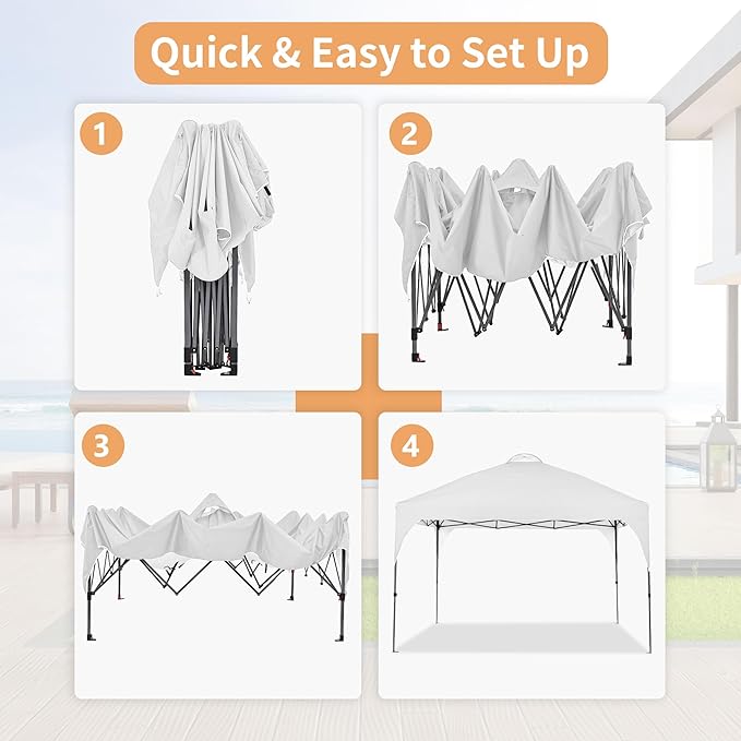 GDY 10x10 Pop Up Canopy Tent, Outdoor Gazebo with 4 Sandbags, Easy Up Canopy with 3 Adjustable Heights for Events, Parties, Camping, White.