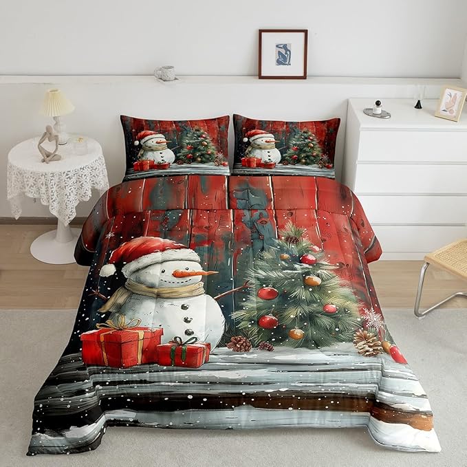 Merry Christmas Bedding Set Full Size,Snowman Christmas Tree Comforter Set for Kids Boys Girls Room Decor,Snowflake Winter Theme Duvet Insert 3Pcs,Retro Rustic Barn Stripes Quilt Set,2 Pillowcases