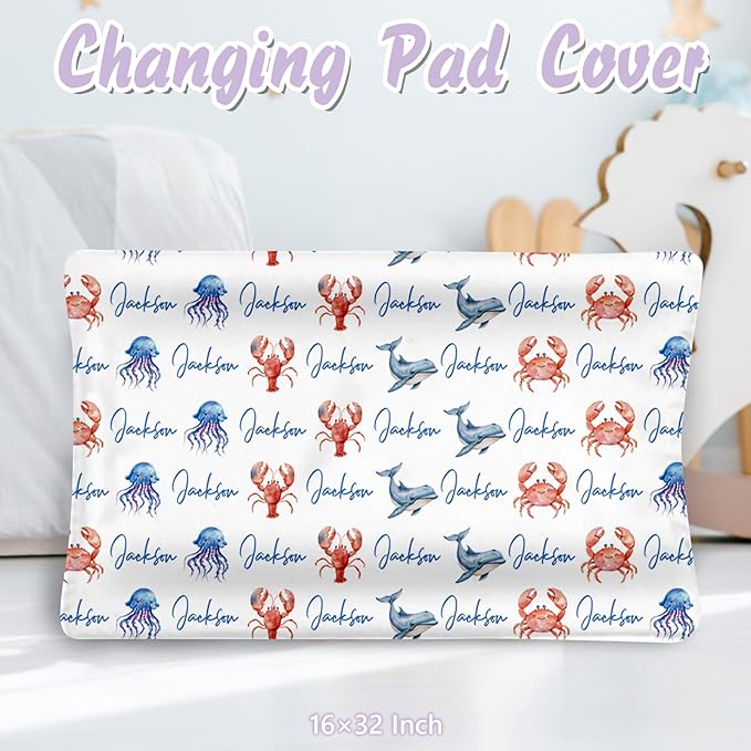 Personalized Baby Crib Bedding Set, 5 Pcs Custom Name Nursery Bedding Set for Girls Boys, Ocean Animals Baby Crib Set for Toddlers Infants, Double Layer Bedding Crib Sets Customized Gifts