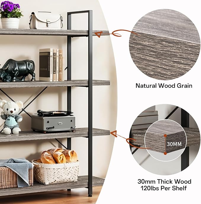 Bookcase, 47 Inch Wide Wood Bookshelf, 120lbs Shelf Capacity, Rustic Open Shelving Industrial Display with Reinforced Horizontal Shelves for Living Room Bedroom Office (4 Tier - Grey) 2 Set