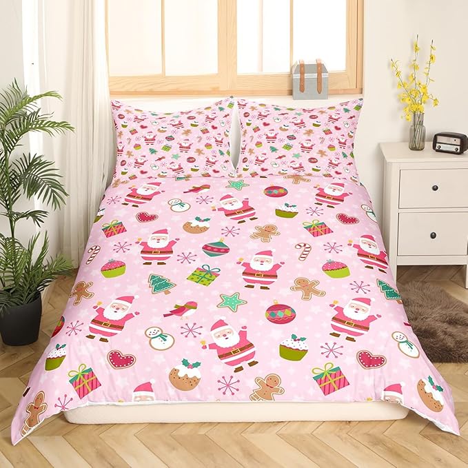 Manfei Christmas Duvet Cover Set King Size, Santa Claus Xmas Trees Snowflake Comforter Cover with 2 Pillowcases, New Year Pink Bedding Set 3pcs for Kids Girls Lightweight Bedspread Cover,No Comforter