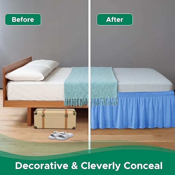 Biscaynebay Wrap Around Bed Skirts for King & Cal King Beds 15" Drop, Denim Blue Elastic Dust Ruffles with Adjustable Belts Silky Luxrious Fabric Machine Washable