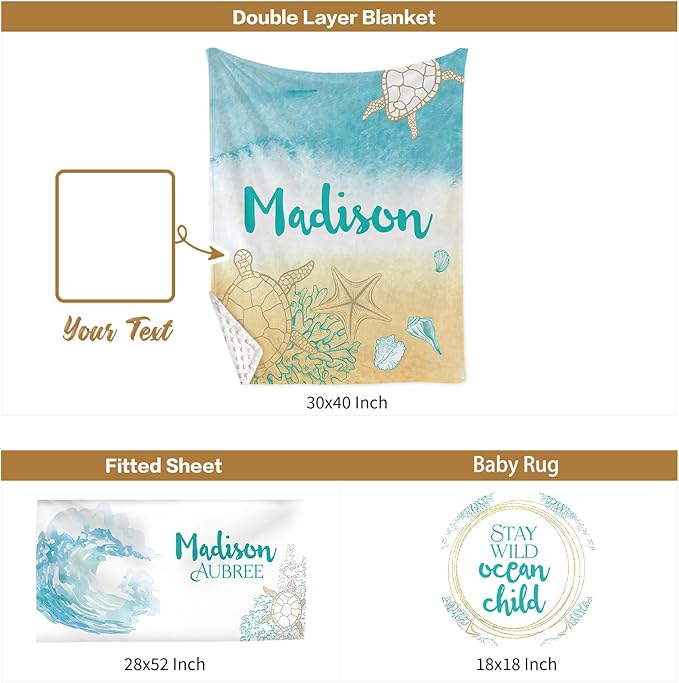 Custom Baby Crib Bedding Set, 3 Pcs Personalized Nursery Bedding Set with Name, Soft Baby Bedding Crib Sets with Blanket - Toddler Crib Sets for Girls Boys, Infant Newborn Gifts, Blue Ocean