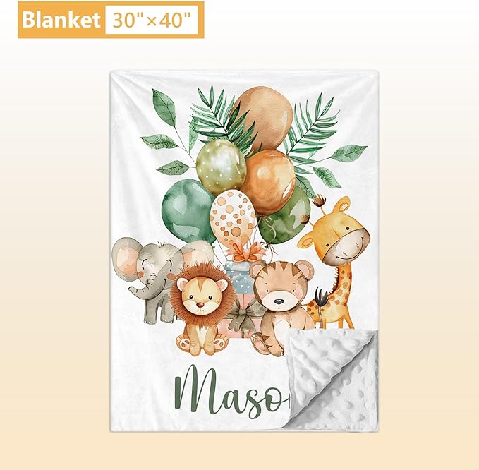 Personalized Baby Bedding Set, 5 Pcs Custom Name Baby Crib Sets, Safari Animal Crib Bedding Set for Baby Boys Girls, Double Layer Flannel Nursery Bedding Set, Toddlers Infants Customized Gifts