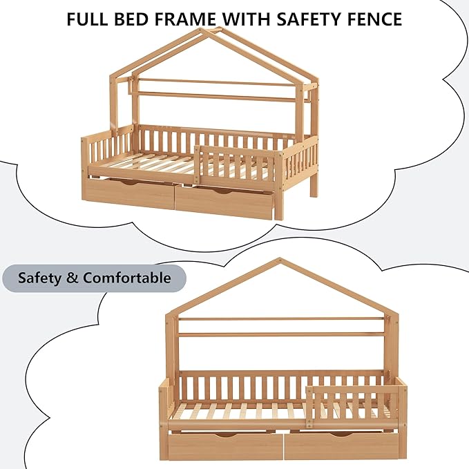 Aoowow Full Size House Bed with Storage Drawers and Shelf, Kids Twin Bed Frame Wooden Platform Bed with Guardrails and Slats for Boys Girls Teens for Bedroom(Natural)