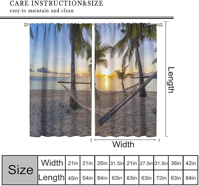 Ocean Beach Curtains,Morning Sunrise Hawaiian Seaside Scene Pattern Blackout Print Home Bedroom Living Room Window Treatments 2 Panel Set 42x54 Inch