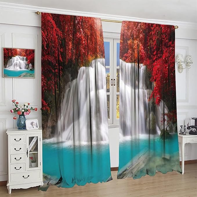 Red Forest Waterfall Blackout Windows Curtains, Tree Landscape Woodland Scenic Nature Fall Scenery Art Printed Curtains, for Living Room Bedroom 52x84in 2 Panels
