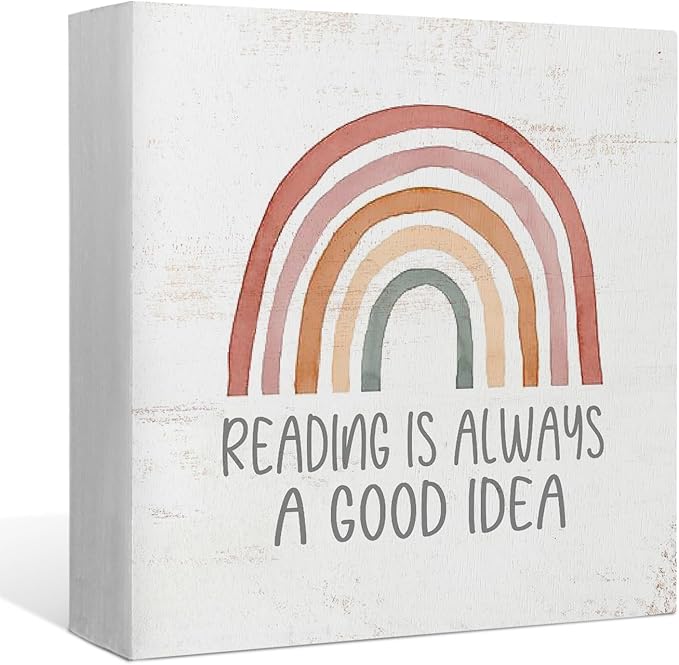 EIONEY Boho Classroom Decor Wood Box Sign 5x5 in,Cute Rainbow Reading Nook Desk Accessories for Nursery Classroom Library Wall Tabletop Shelf Decor