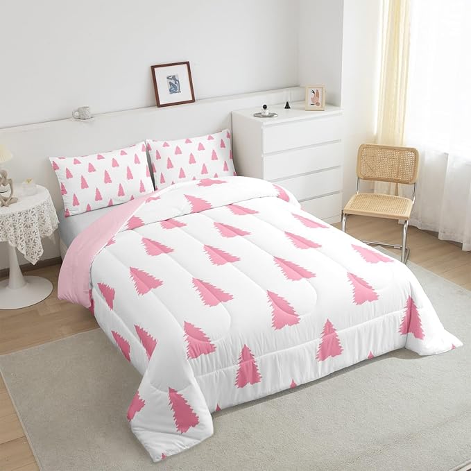 Feelyou Pink Christmas Trees Bedding Set for Kids Boys Girls Full Size Holiday Comforter Set Ultra Soft Winter Comforter Xmas Decor Duvet Quilt Bedroom Decor Christmas Ornaments Quilt