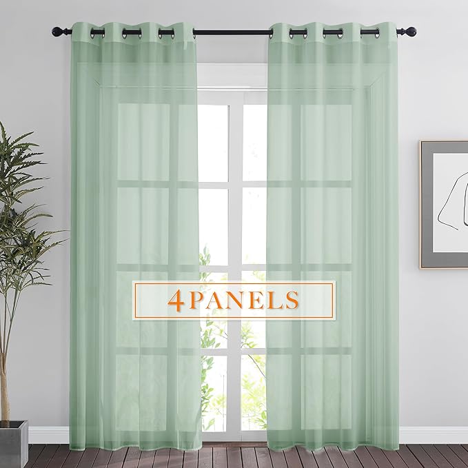 RYB HOME Voile Curtains for Living Room, Breathable Airy Lightweight Grommet Window Panels, Light Filtering Curtains for Living Room, Kids' Room, Sage Green, 54" W x 96" L, Set of 4 Panels