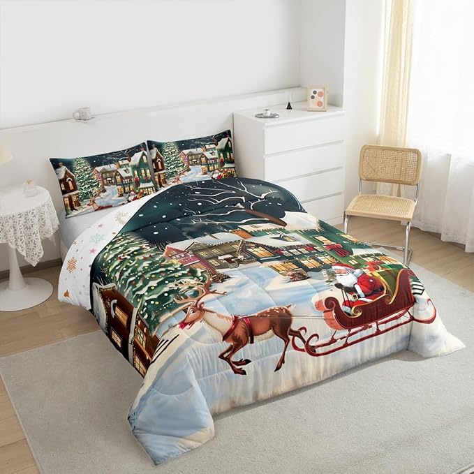 Feelyou Christmas Kids Comforter Set Full Size Santa Claus Bedding Set Reindeer Sled Duvet Quilt for Kids Boys Girls Bedroom Xmas Tree Decor Microfiber Ultra Soft Breathable