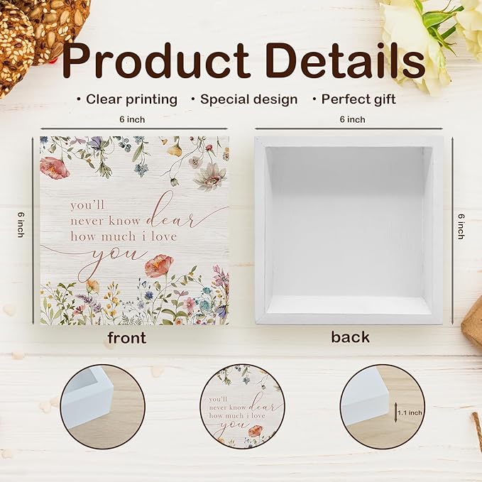 Boho Flower Nursery Beige Wooden Sign Desk Decor, Wildflower Floral Decorative Signs for Baby Girl Room Nursery, You'll Never Know Dear How Much I Love You Sign Home Shelf Desk Decor 6x6 Inch