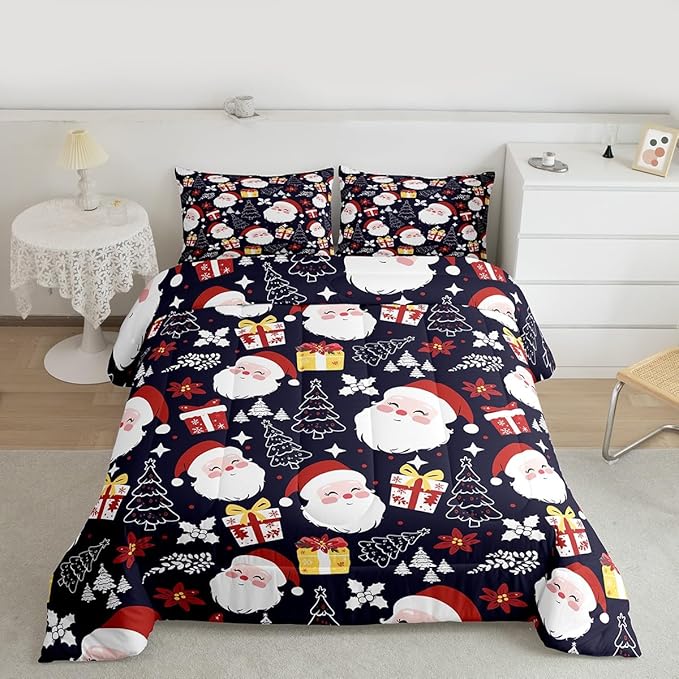 jejeloiu Santa Claus Comforter Set Toddler Size Merry Christmas Bedding Set for Kids Boys Girls Xmas Themed Duvet Quilt Dark Blue Bedroom Decor