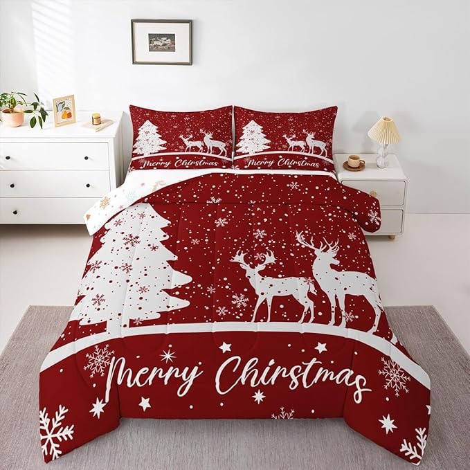 Merry Christmas Kids Comforter Set Twin Size,Deer Elk Pine Trees Bedding,Girls Boys Adults Bedroom/Xmas Cabin Decor,Snowflake Romantic Down Comforter,Rustic New Year Red Duvet Insert,1 Pillowcase