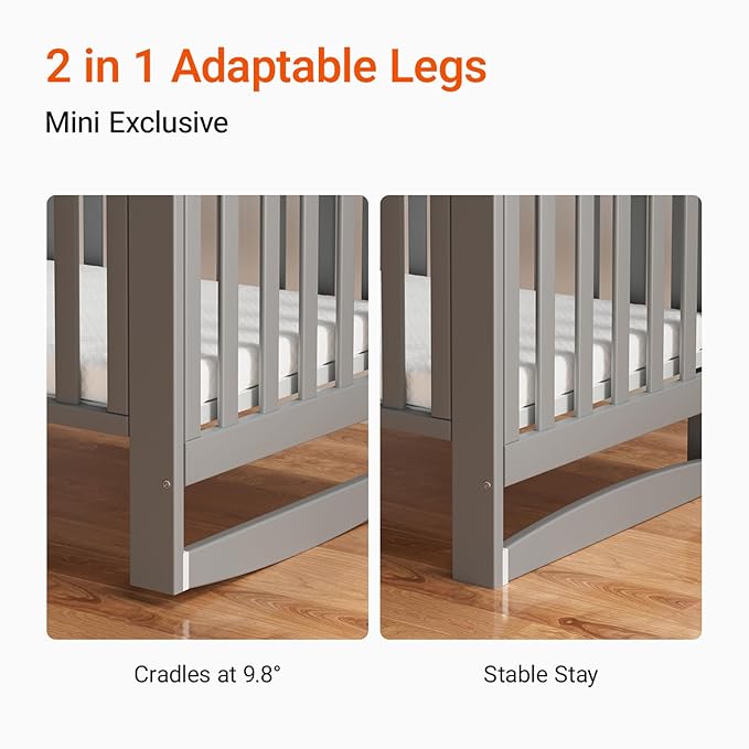 MAMAZING EvoNest Baby Crib, 6 in 1 Convertible Mini Crib with Wheels, 100% New Zealand Wood Growing Bed, 4 Adjustable Mattress Height, GREENGUARD Gold Certified, Grey