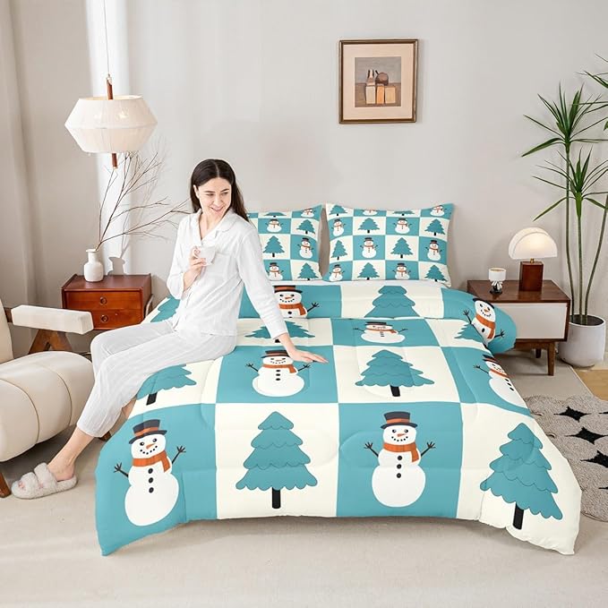Feelyou Merry Christmas Comforter Set All Season Snowman Bedding Set with 2 Pillow Cases Xmas Tree Microfiber Kids King Bedclothes Bedroom Decor Duvet Quilt Breathable Soft Lightweight