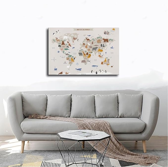 KIPNG Kids World Map - Playroom Animal World Map - Nursery Educational Poster Canvas Poster Wall Art Picture Paintings for Living Room Bedroom Decoration Unframe-style16x24inch(40x60cm)