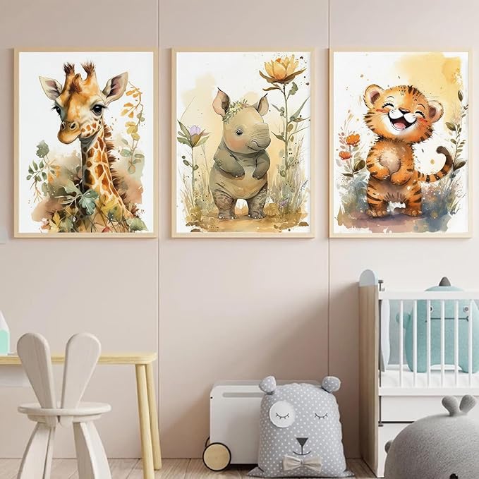 3Pcs Safari Nursery Wall Art watercolor baby Animal Wall Decor Lovely Jungle Animal Picture Painting Kids Room Posters Prints artwork for Boy Girl and Baby Room wall decoration,12x16in Poster